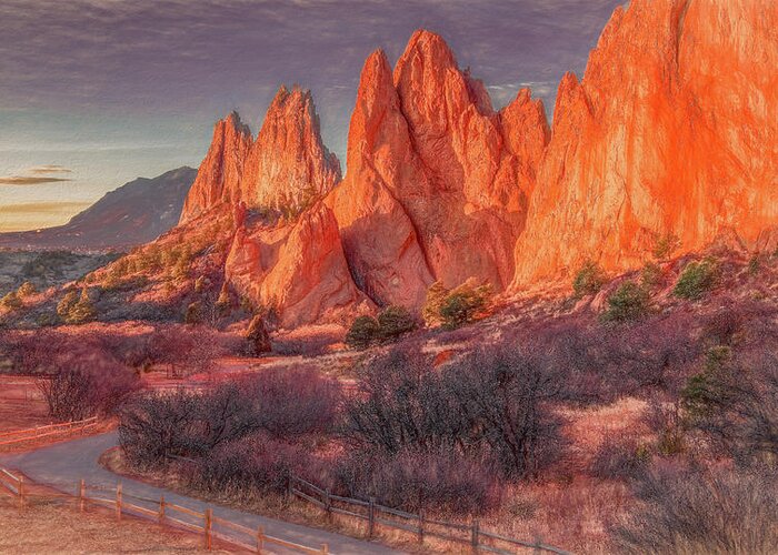 Garden Of The Gods Greeting Card featuring the photograph Garden of the Gods Sunrise, Painterly by Marcy Wielfaert