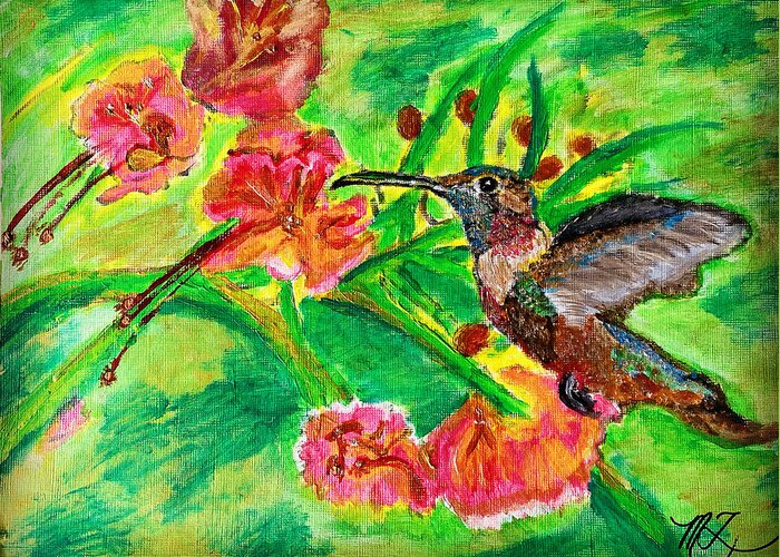Hummingbird Greeting Card featuring the painting Hummingbird Enjoying Flower's Nectar by Melody Fowler