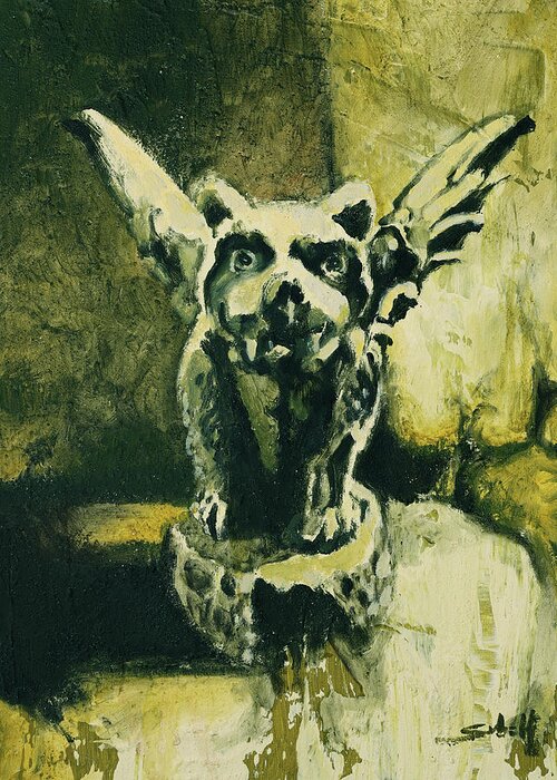 Gargoyle Greeting Card featuring the painting Gargoyle by Sv Bell
