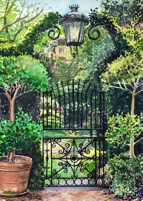Savannah Greeting Card featuring the painting Gaslight Gate by Merana Cadorette