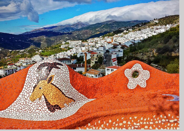 Andalucia Andalusia Animals Wildlife Applied Art Architectural Detail Art Genres Balcony Bench Cloud Clouds Colours Competa Culture Decorative Design Europe Garden Garden Structures Heritage Ibex Illustrative Tile Work Malaga Province Mosaic Mountains Mountainous Mural Natural History Natural Phenomena Overseas Red Spain Spanish EspaÑa EspaÑol Street Art Terracotta Topography Weather White Wild Goat Wildlife - World Greeting Card featuring the photograph Gaudi - type mosaic seat omn a viewing point above Competa, Malaga Province. Andalucia, Spain by Panoramic Images