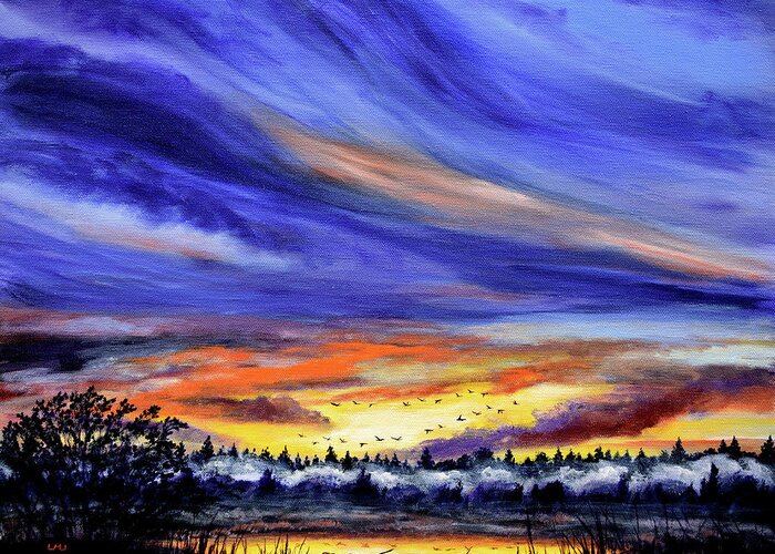 Corvallis Greeting Card featuring the painting Geese Over a Wetlands Pond at Sunrise by Laura Iverson