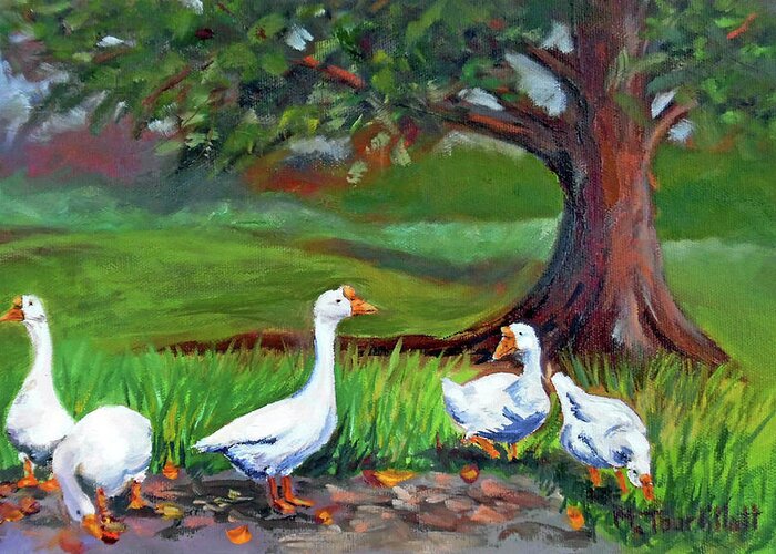 Domestic Geese Greeting Card featuring the painting Geese Under The Old Oak Tree by Mishelle Tourtillott