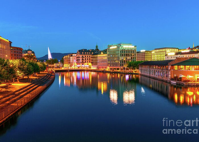 Geneva Greeting Card featuring the photograph Geneva skyline Switzerland by night by Benny Marty