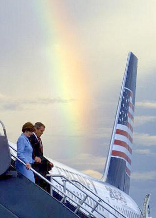 George W. Bush Greeting Card featuring the photograph George and Laura Bush and Rainbow by Rick Wilking
