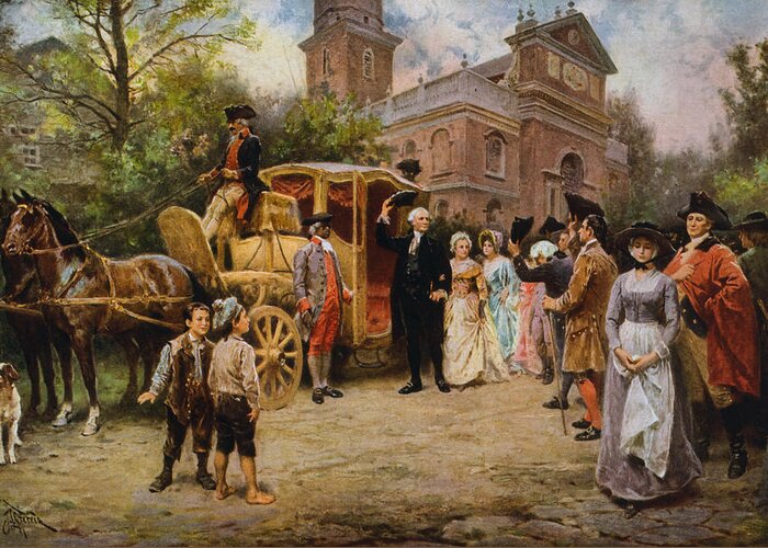 George Washington Greeting Card featuring the painting George Washington arriving at Christ Church by War Is Hell Store