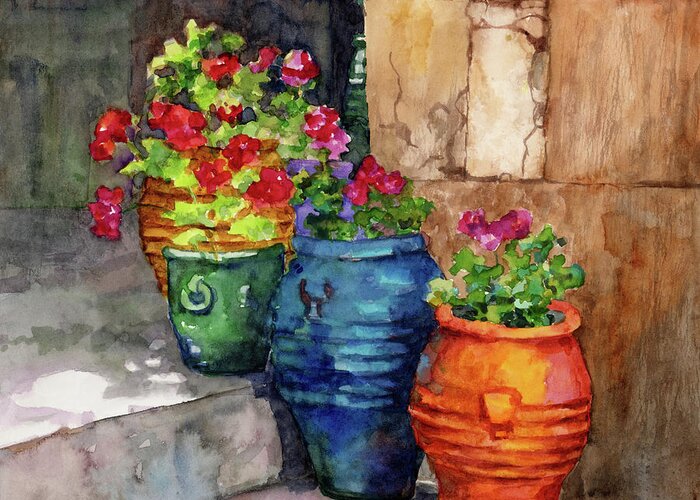 Pot Greeting Card featuring the painting Geranium Pots - Red and Pink Bloom by Hailey E Herrera