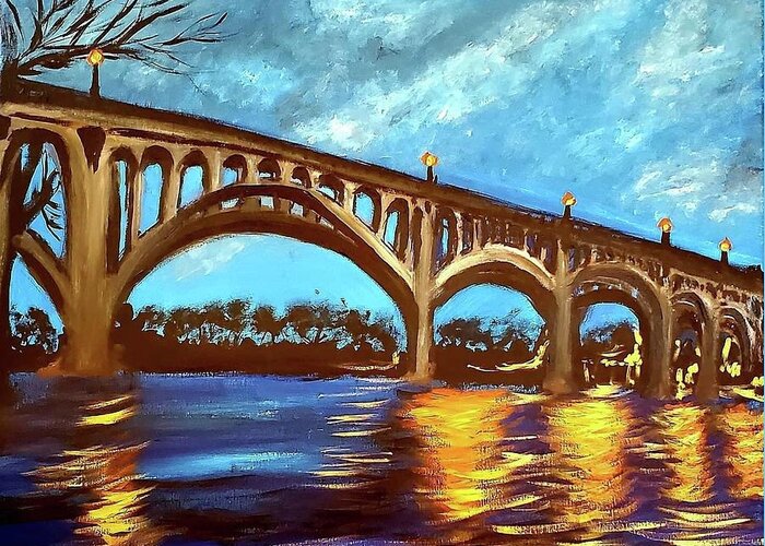 Night Greeting Card featuring the painting Gervais Street Bridge at Night by Amy Kuenzie