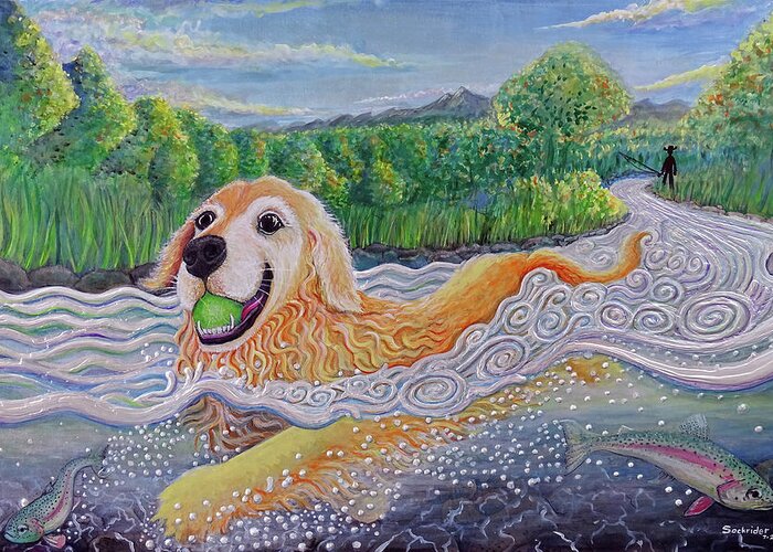Golden Retriever Greeting Card featuring the painting Get the Ball by David Sockrider