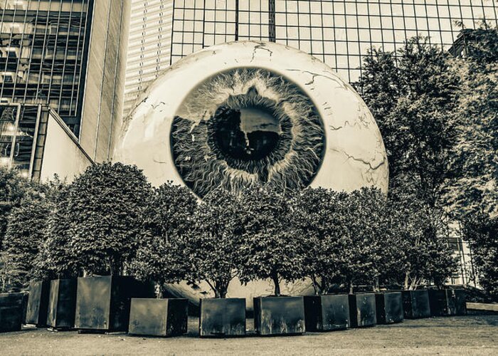 Dallas Texas Greeting Card featuring the photograph Giant Eyeball of Dallas Texas Panorama - Sepia by Gregory Ballos
