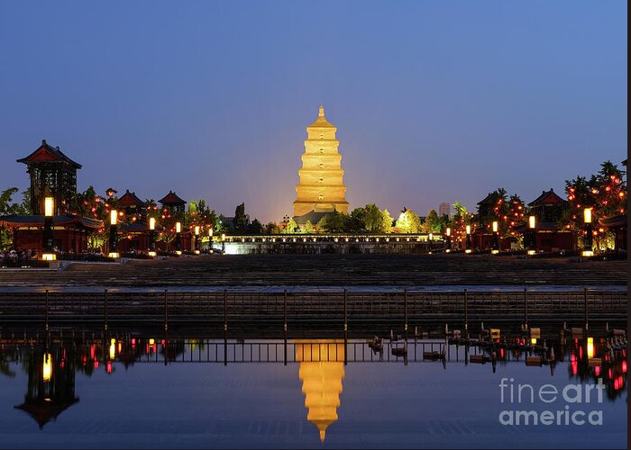 Goose Pagoda Greeting Card featuring the photograph Giant Goose Pagoda at Night. by Iryna Liveoak