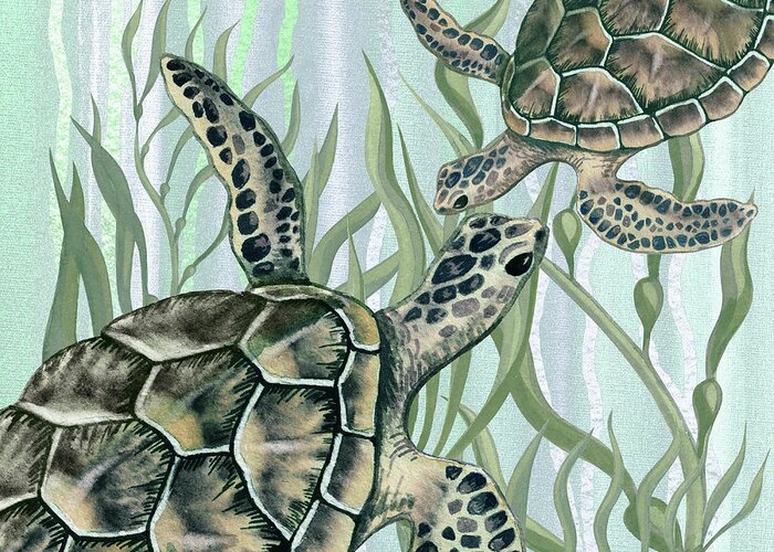 Art For Beach House Decor Ocean Seaweed Giant Turtle Swimming Greeting Card featuring the painting Giant Turtles Swimming In The Seaweed Under The Ocean Watercolor Painting IV by Irina Sztukowski