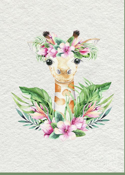 Giraffe Greeting Card featuring the painting Giraffe With Flowers by Nursery Art