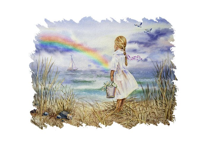 Girl And Ocean Greeting Card featuring the painting Girl At The Ocean Shore Watching The Rainbow And Boat Watercolor Seascape by Irina Sztukowski