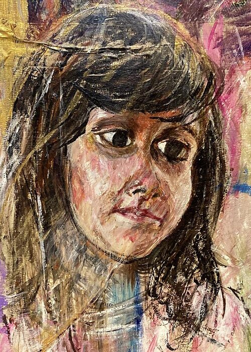 Portrait Of A Young Girl On Colorful Background. Part Of A Family Portraits Series. Greeting Card featuring the painting Girl by David Euler