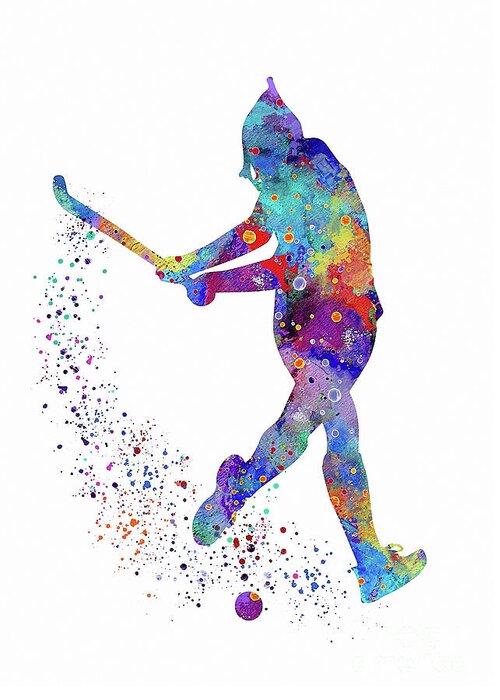 Field Hockey Greeting Card featuring the digital art Girl Field Hockey Art Colorful Watercolor Artwork Sports Gift by White Lotus