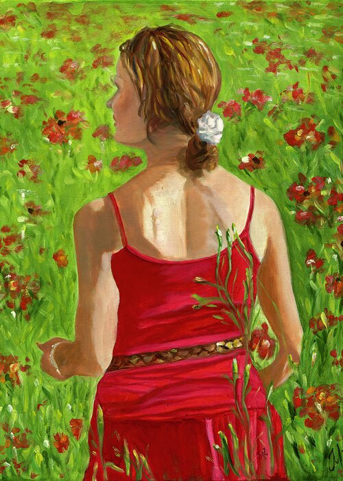 Woman Greeting Card featuring the painting Girl in Poppy Field by Juliette Becker