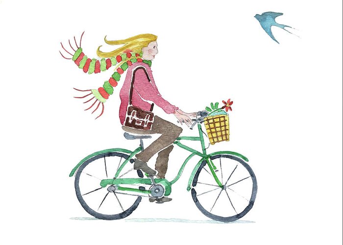 Bike Greeting Card featuring the painting Girl On a Bike with a Bird by Luisa Millicent
