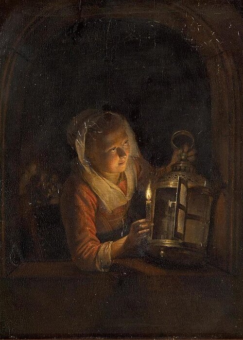 Girl with a Lantern at a Window Francais Jeune fille a sa fenetre une ...