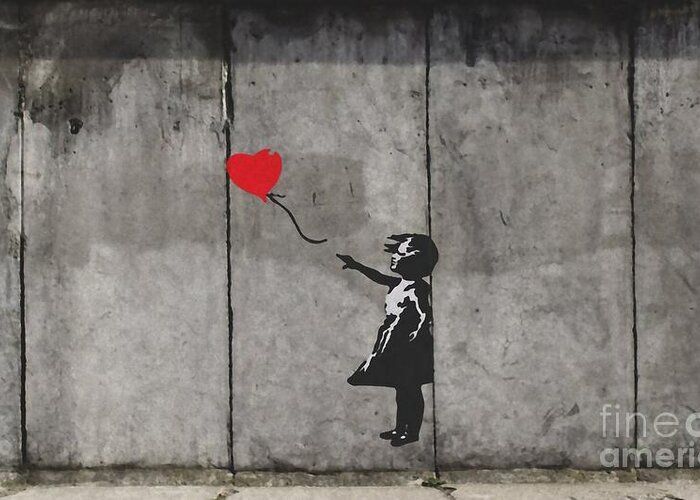 Banksy Greeting Card featuring the mixed media Girl with Balloon by Banksy