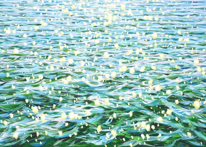 Glare Greeting Card featuring the painting Glare in emerald water. by Iryna Kastsova