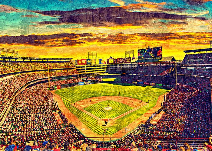 Globe Life Park Greeting Card featuring the digital art Globe Life Park in Arlington, Texas, at sunset - digital painting by Nicko Prints