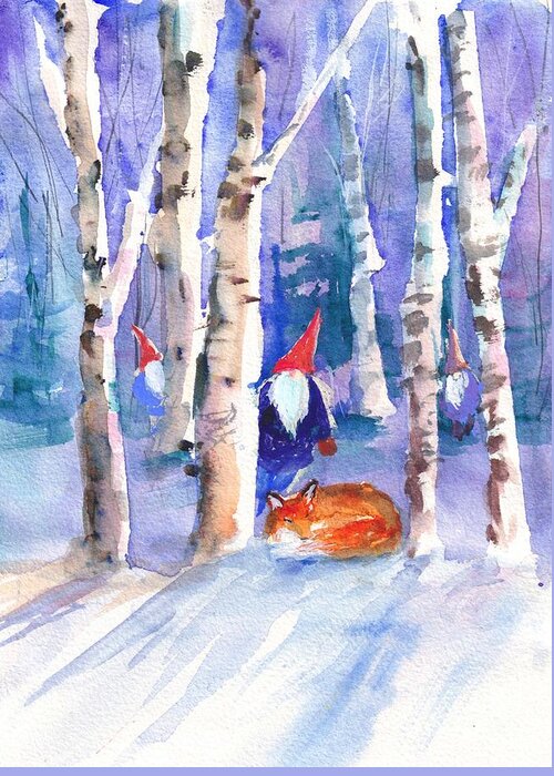 Gnomes Greeting Card featuring the painting Gnomes and Fox by Christy Lemp