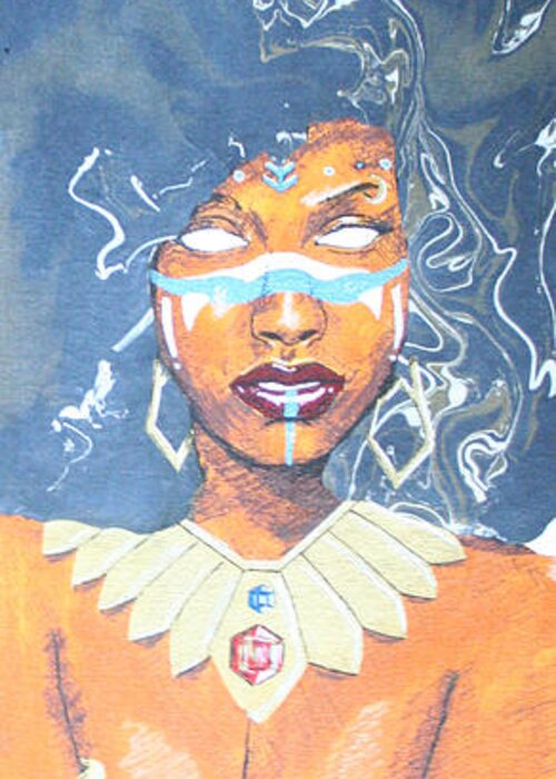 Black Greeting Card featuring the mixed media Goddess Bilquis by Edmund Royster