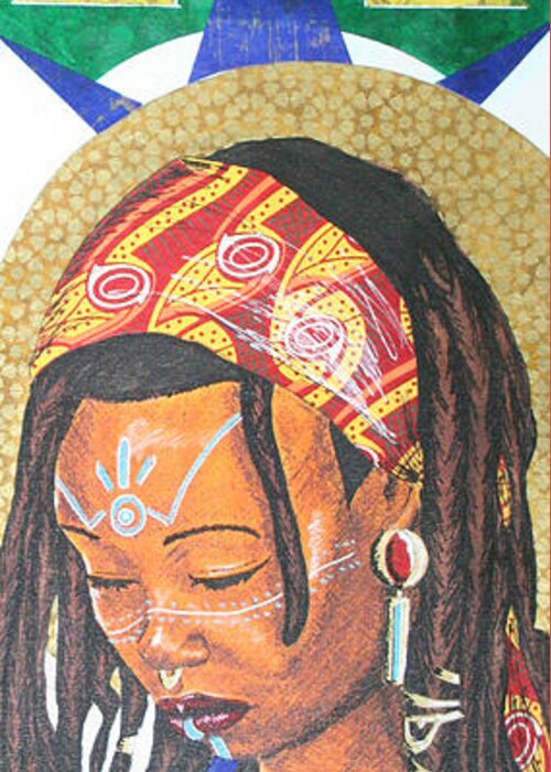Black Greeting Card featuring the mixed media Goddess Kitaka of Earth by Edmund Royster