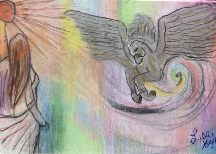 Colored Pencil Greeting Card featuring the drawing Goddess summons a friend by Lisa Koyle