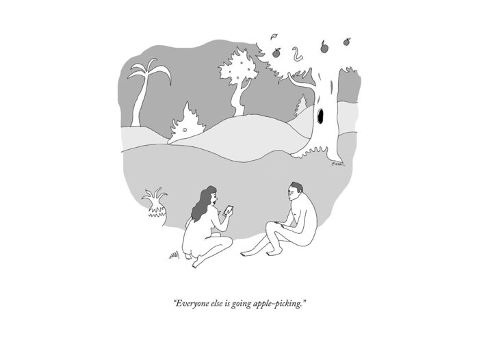 everyone Else Is Going Apple-picking. Greeting Card featuring the drawing Going Apple Picking by Liana Finck