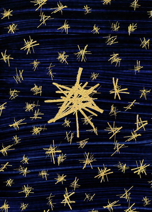 Abstract Greeting Card featuring the drawing Gold Christmas Stars on Indigo by Menega Sabidussi