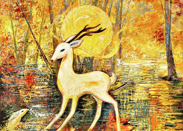 Deer Greeting Card featuring the painting Golden Autumn by Shijun Munns