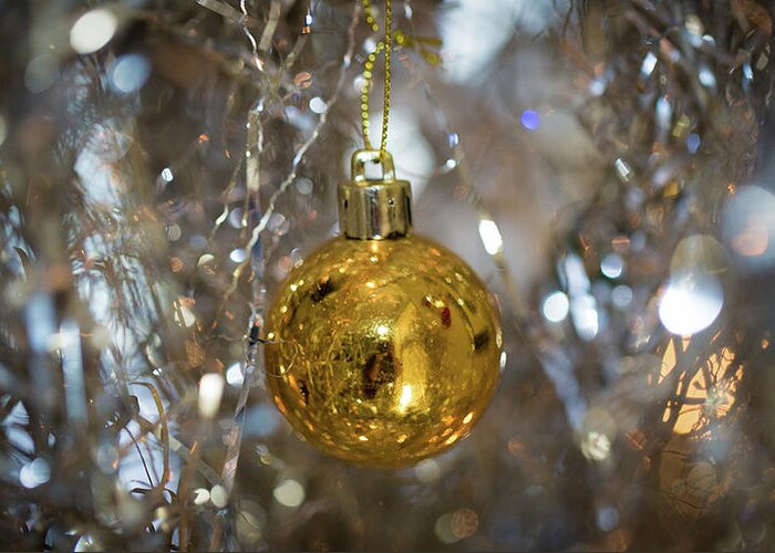 Ornament Greeting Card featuring the photograph Golden Ball on a Silver Tree by Lora J Wilson