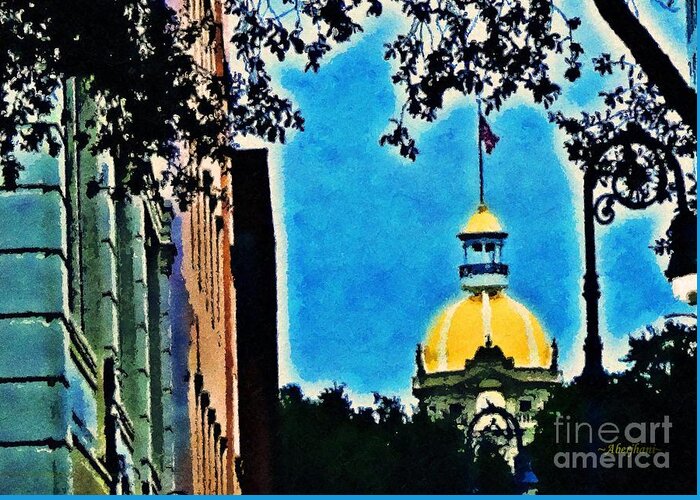 Fine Art Digital Photograph Greeting Card featuring the photograph Golden Dome of Savannah City Hall by Aberjhani