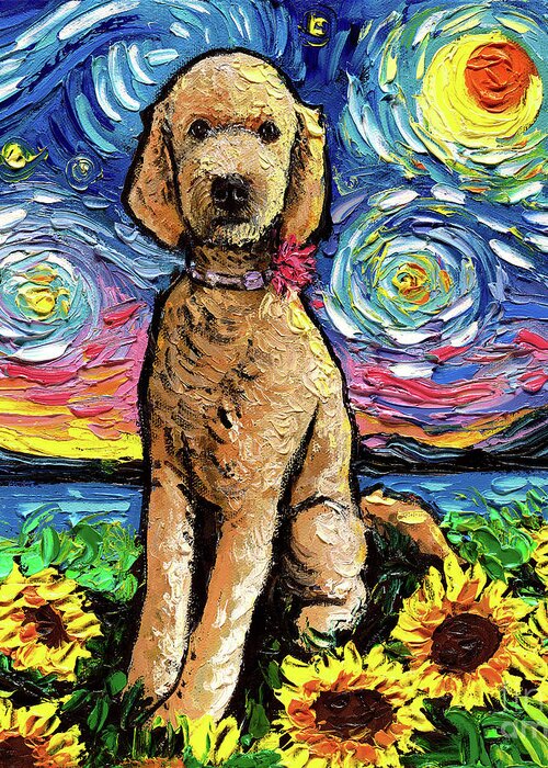 Golden Doodle Greeting Card featuring the painting Golden Doodle Night 2 by Aja Trier