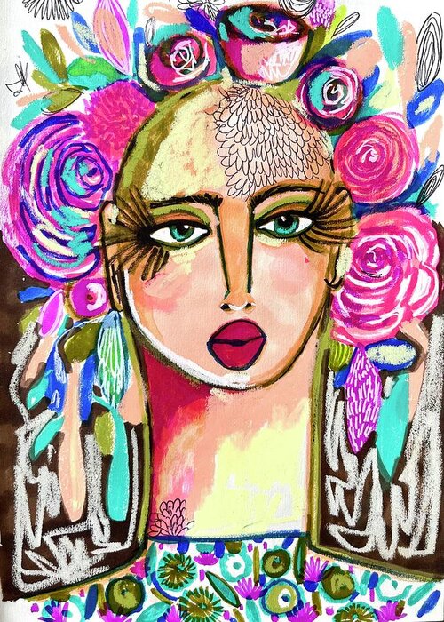 Abstract Face Art Greeting Card featuring the mixed media Golden Floral Abstract Face by Rosalina Bojadschijew