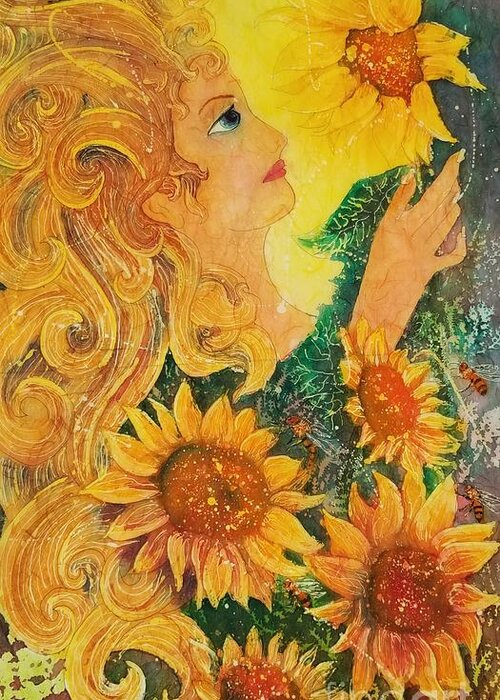 Sunflowers Greeting Card featuring the painting Golden Garden Goddess by Carol Losinski Naylor