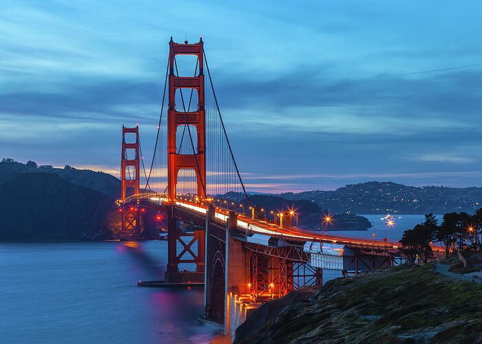 Shoreline Greeting Card featuring the photograph Golden Gate At Nightfall by Jonathan Nguyen