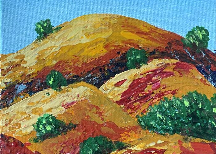 Landscape Greeting Card featuring the painting Golden Hills 4 by Raji Musinipally