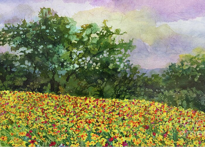Bluebonnet Greeting Card featuring the painting Golden Hillside - Oak Trees by Hailey E Herrera