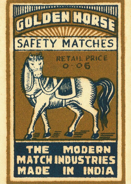 Vintage Greeting Card featuring the drawing Golden Horse Safety Matches by Vintage Match Covers