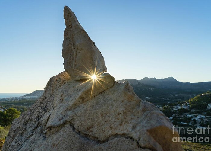 Mountain Landscape Greeting Card featuring the photograph Golden sunbeams, rocks and blue sky by Adriana Mueller