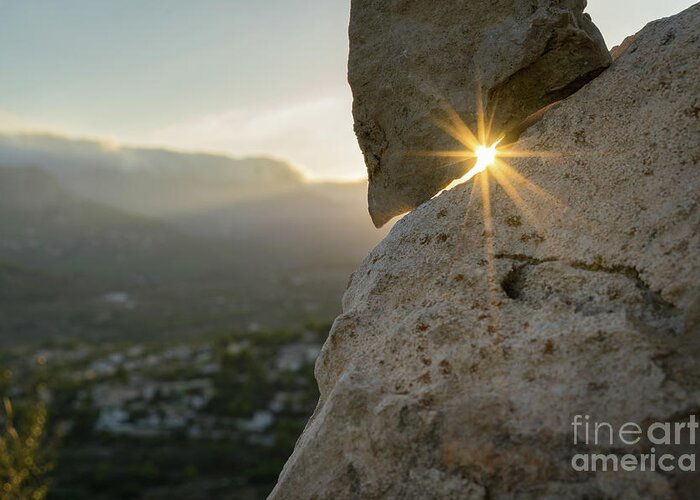 Mountains Greeting Card featuring the photograph Golden sunlight and rock at sunset by Adriana Mueller
