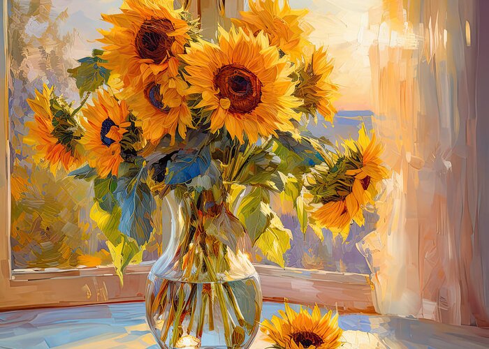 Sunflower Greeting Card featuring the digital art Golden Sunlight - Sunflowers in a Vase Paintings by Lourry Legarde