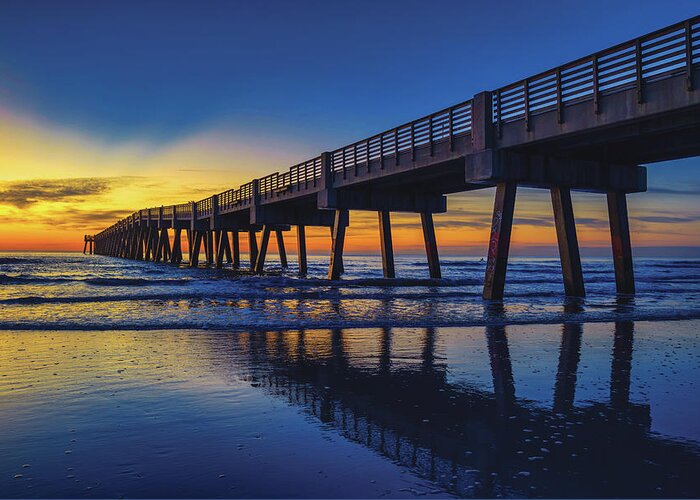 Jacksonville Beach Greeting Card featuring the photograph Golden Sunrise Reflection at the Jacksonville Beach Pier by Kim Seng