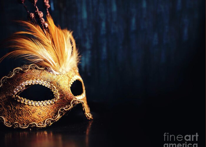 Mask Greeting Card featuring the photograph Golden Venetian mask on dark blue background by Jelena Jovanovic