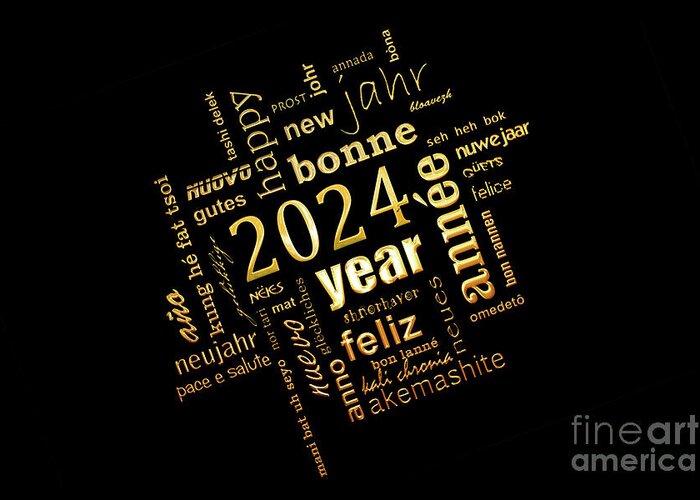 Holiday Greeting Card featuring the digital art Golden word cloud new year card by Delphimages Photo Creations