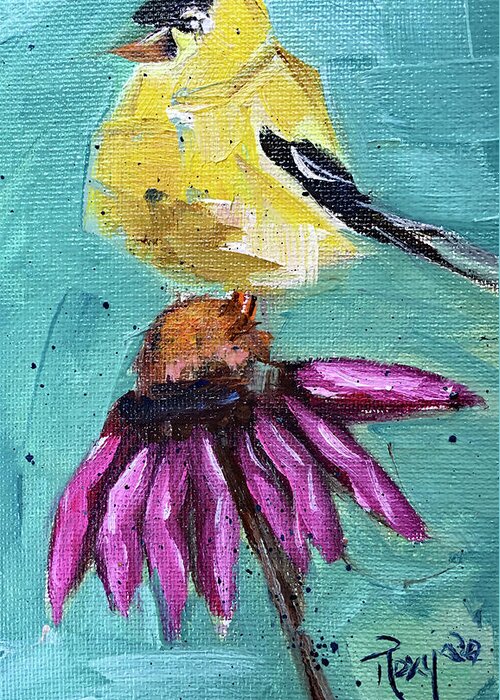 Goldfinch Greeting Card featuring the painting Goldfinch on a Coneflower by Roxy Rich