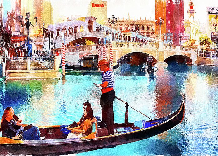 Venice Las Vegas Greeting Card featuring the mixed media Gondola rides at the Venetian Las Vegas by Tatiana Travelways